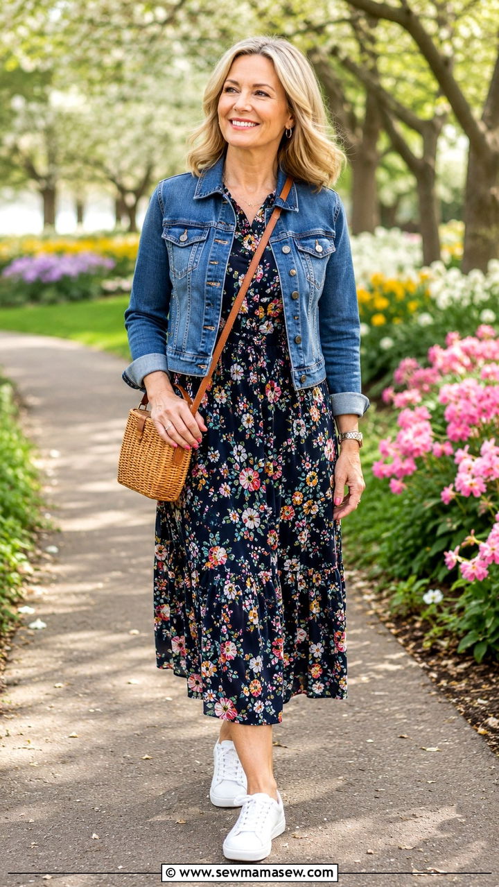 Floral midi dress with denim jacket over 50 - 30 Midsize outfits for women over 50