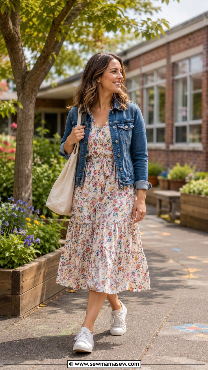 Floral midi dress with denim jacket preschool teacher outfit - 25 Preschool teacher outfit ideas