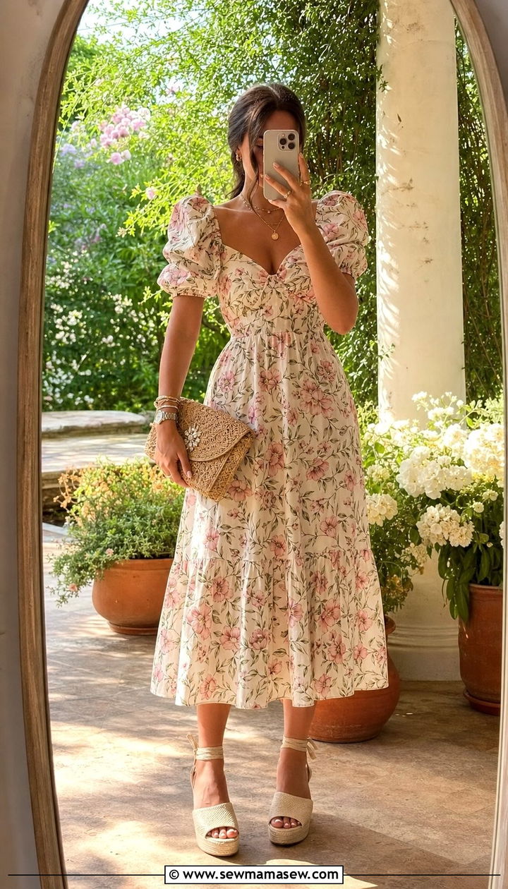 Floral midi dress with espadrille platforms - 25 Spring outfits with espadrilles