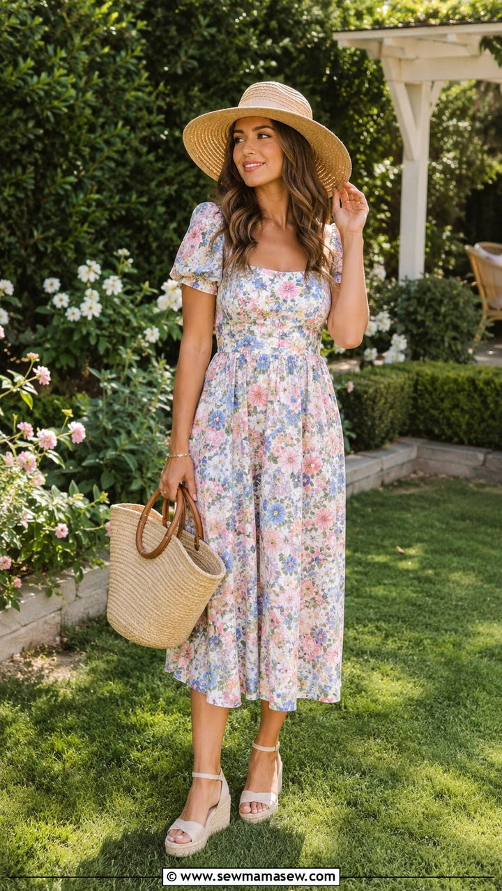 Floral midi dress with espadrilles outfit - 30 Spring backyard outfits