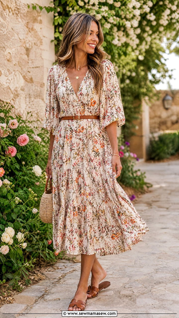 Floral midi dress with flat slide sandals - 30 summer outfits with flat sandals