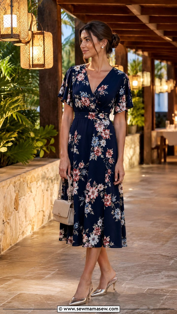 Floral midi dress with kitten heels - 30 classy resort outfits