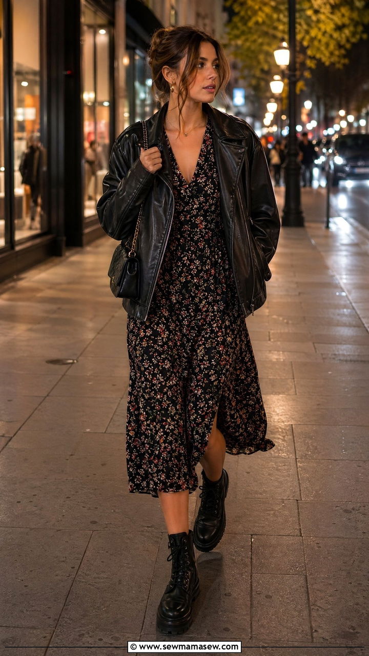 Floral midi dress with leather jacket outfit - 35 Copenhagen outfits