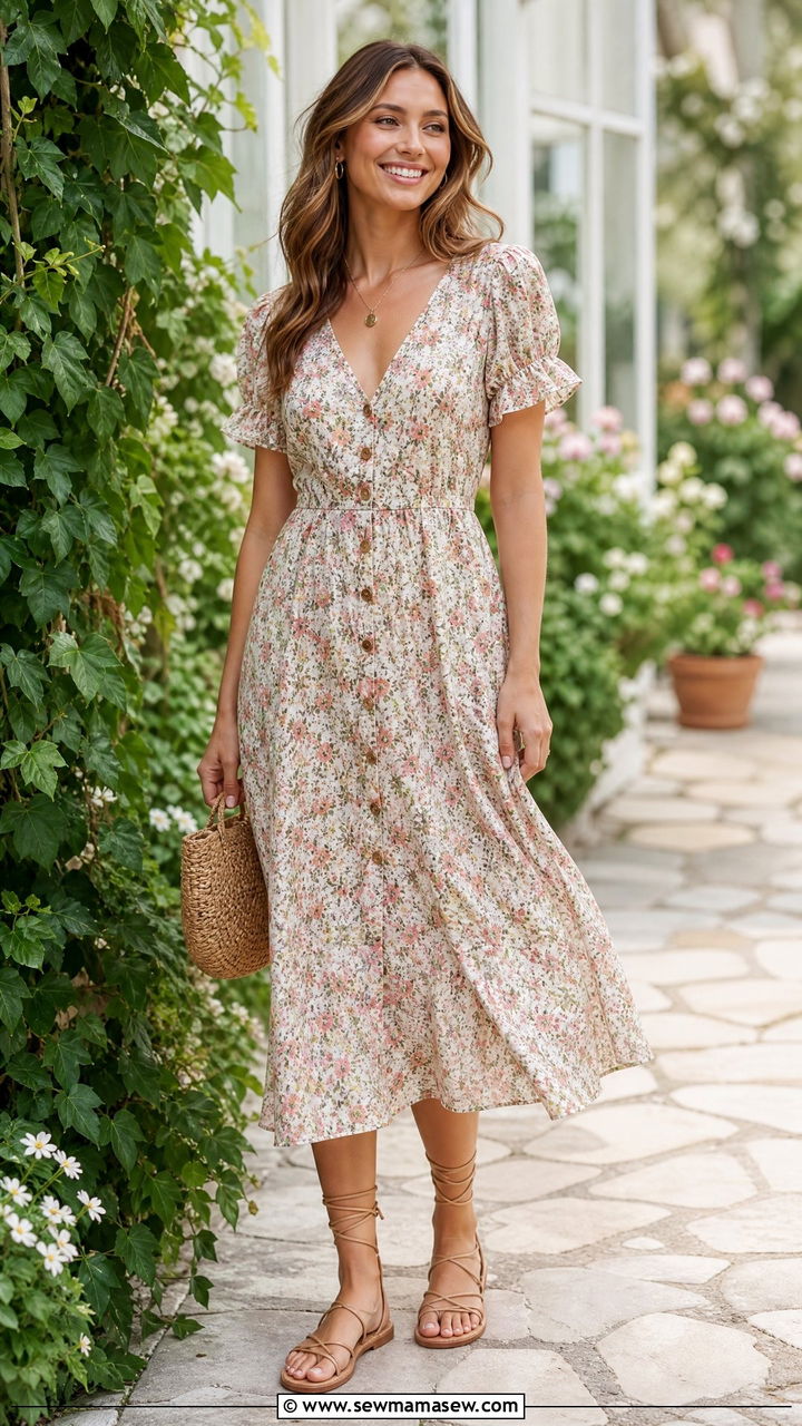 Floral midi dress with nude flat gladiator sandals - 30 Gladiator sandal outfit ideas