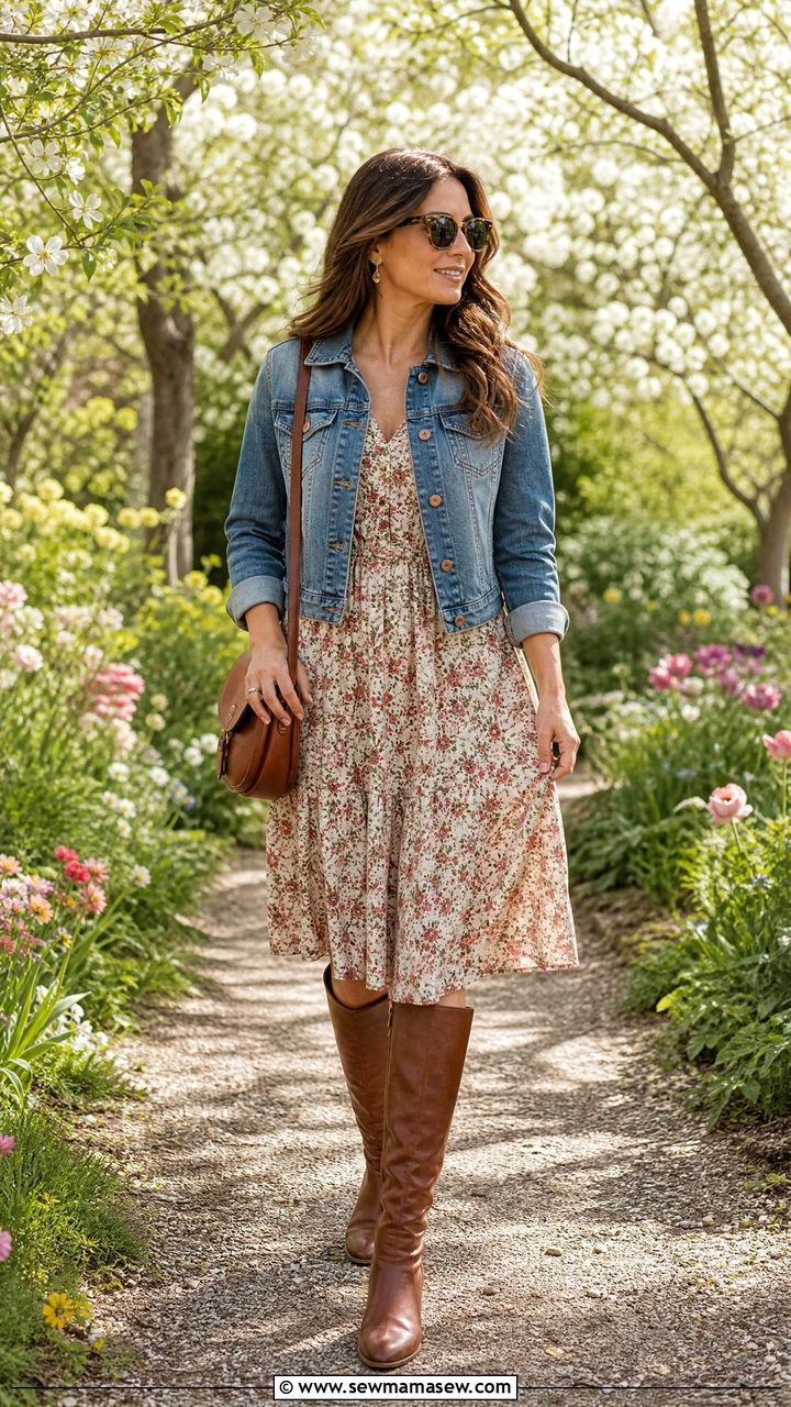 Floral midi dress with riding boots - 25 Spring outfits with riding boots