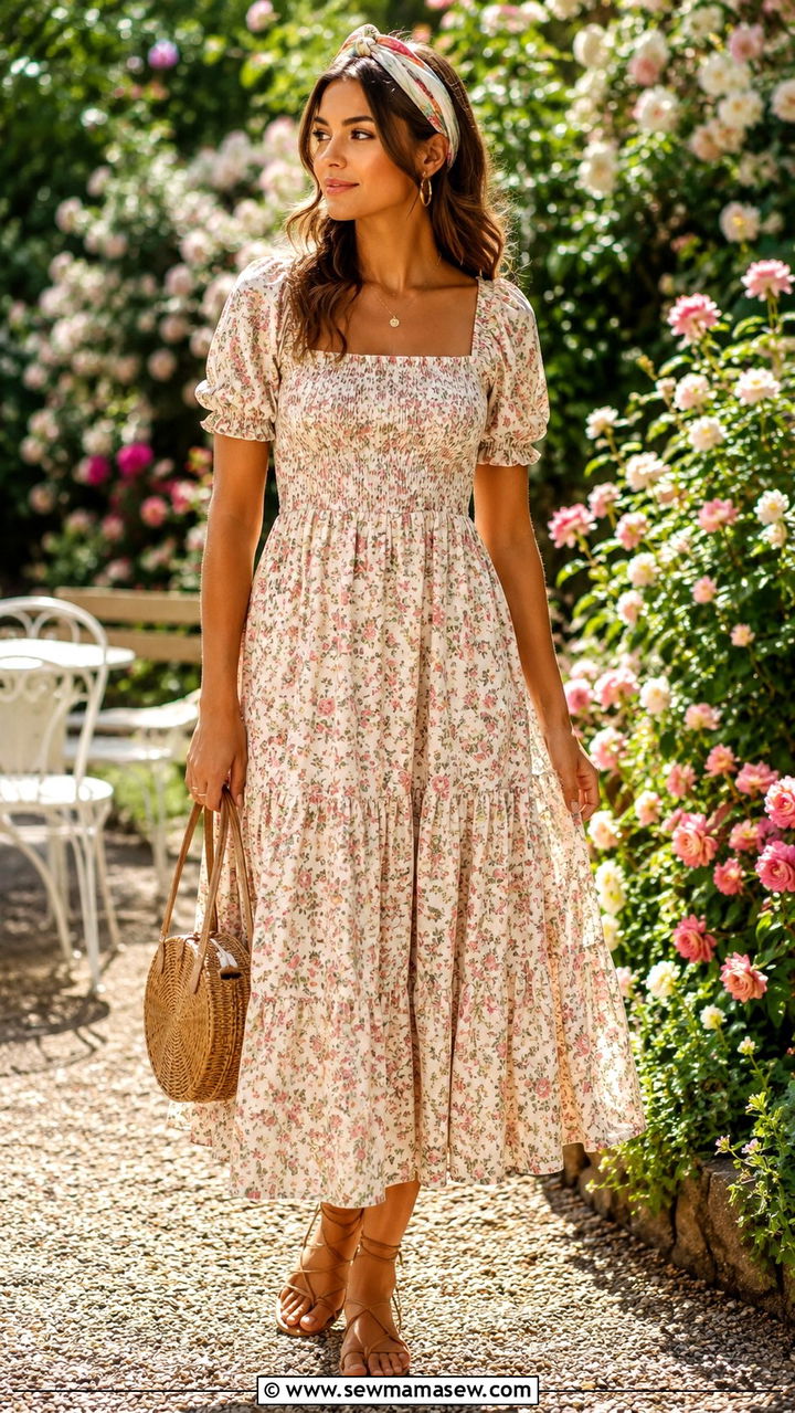 Floral midi dress with scarf tied as headband - 30 Spring outfits with scarves
