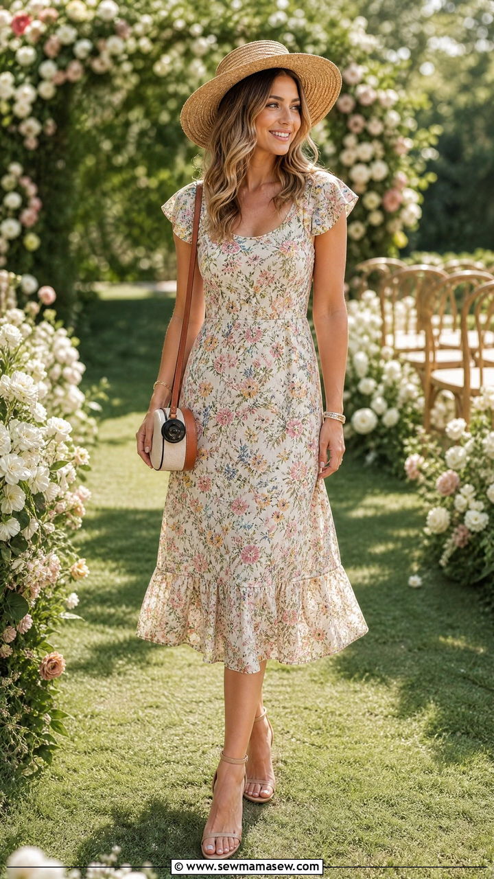 Floral midi dress with straw hat - 30 summer outfits with straw hat
