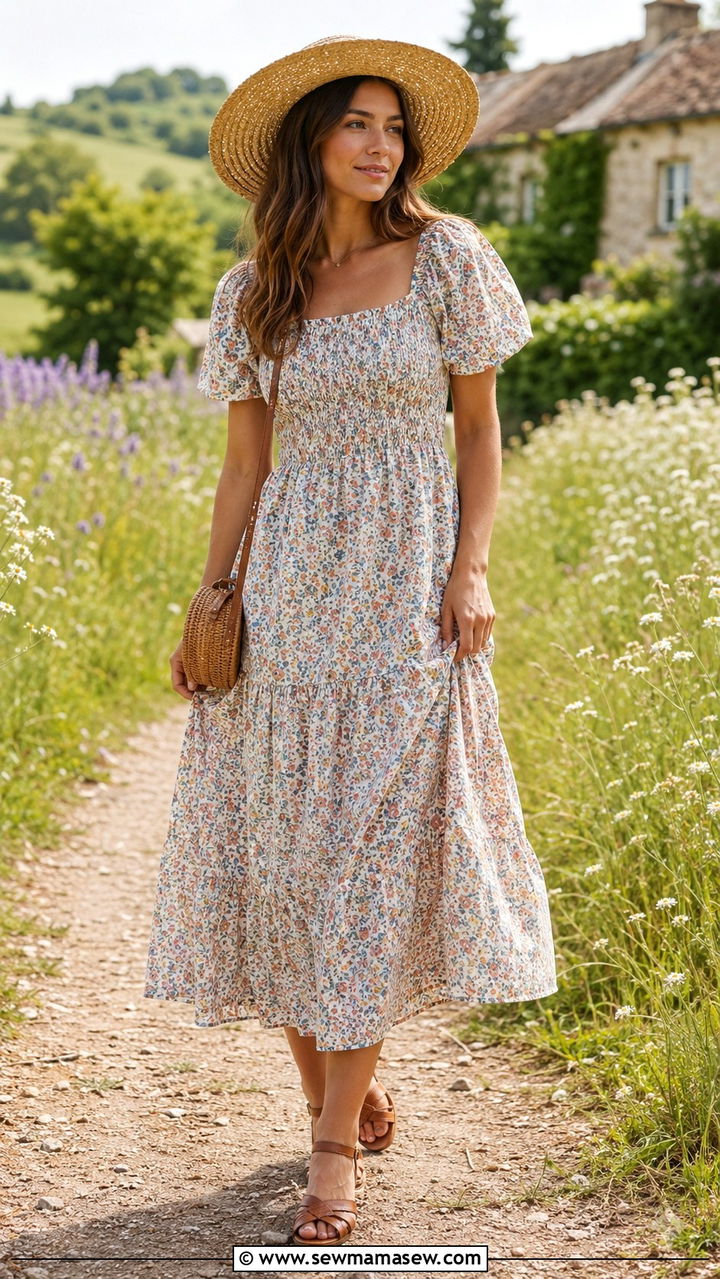Floral midi dress with straw hat - 30 Spring cottage outfits