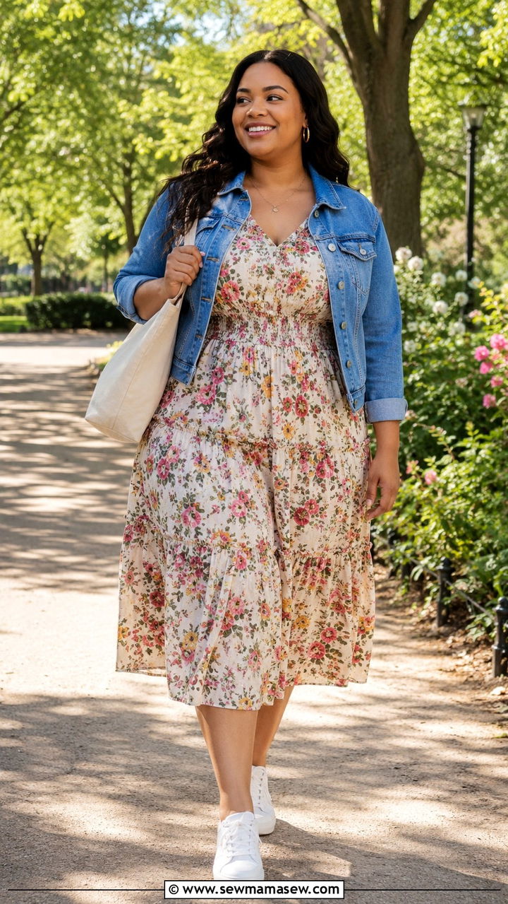 Floral midi dress with structured denim jacket - 25 outfit ideas for women with wide hips