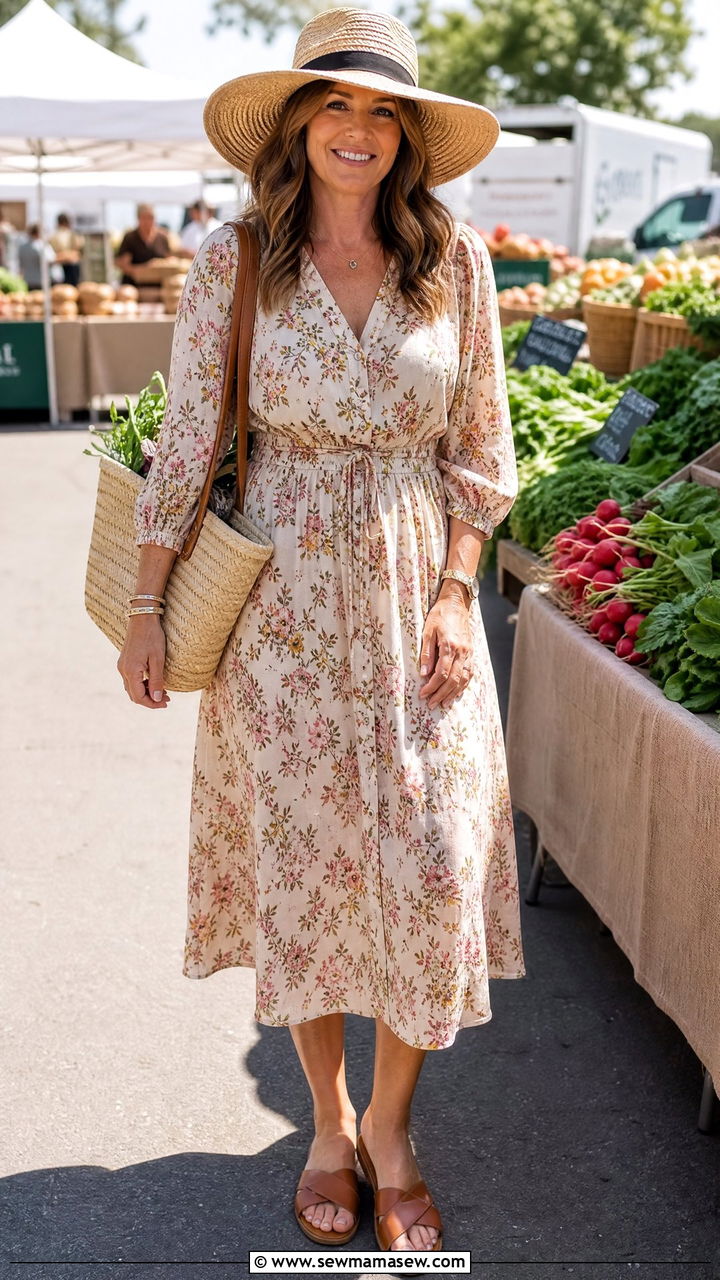 Floral midi dress with tan sandals - 30 midi dress outfits for women over 40