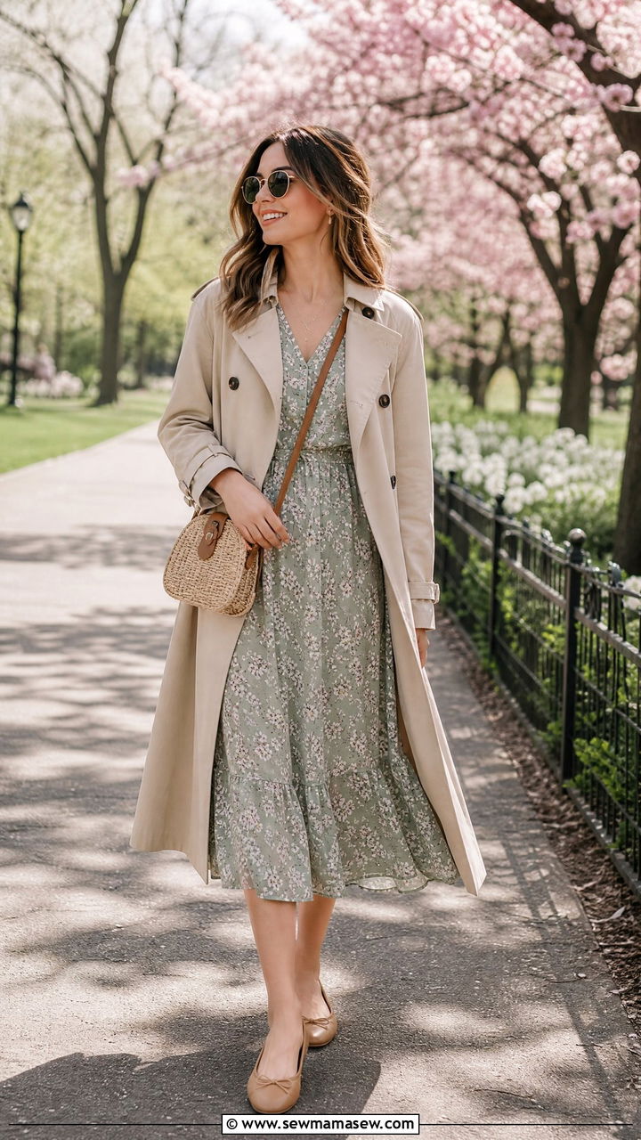 Floral midi dress with trench coat and ballet flats - 25 French girl outfit ideas with ballet flats