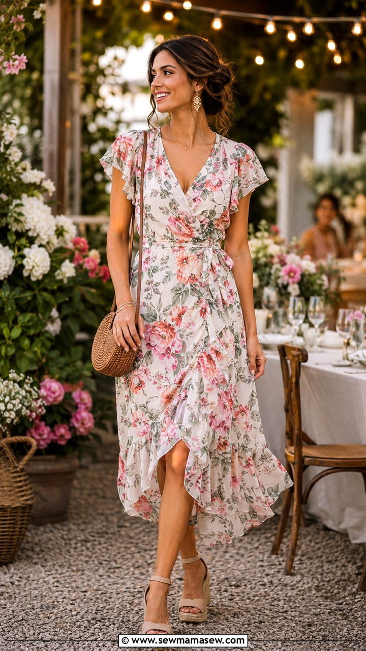 Floral midi dress with wedge espadrilles - 25 Balmy evening outfit ideas
