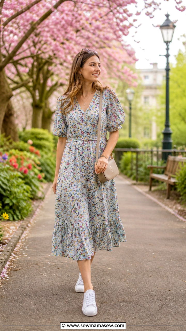 Floral midi dress with white sneakers - 40 London outfit ideas