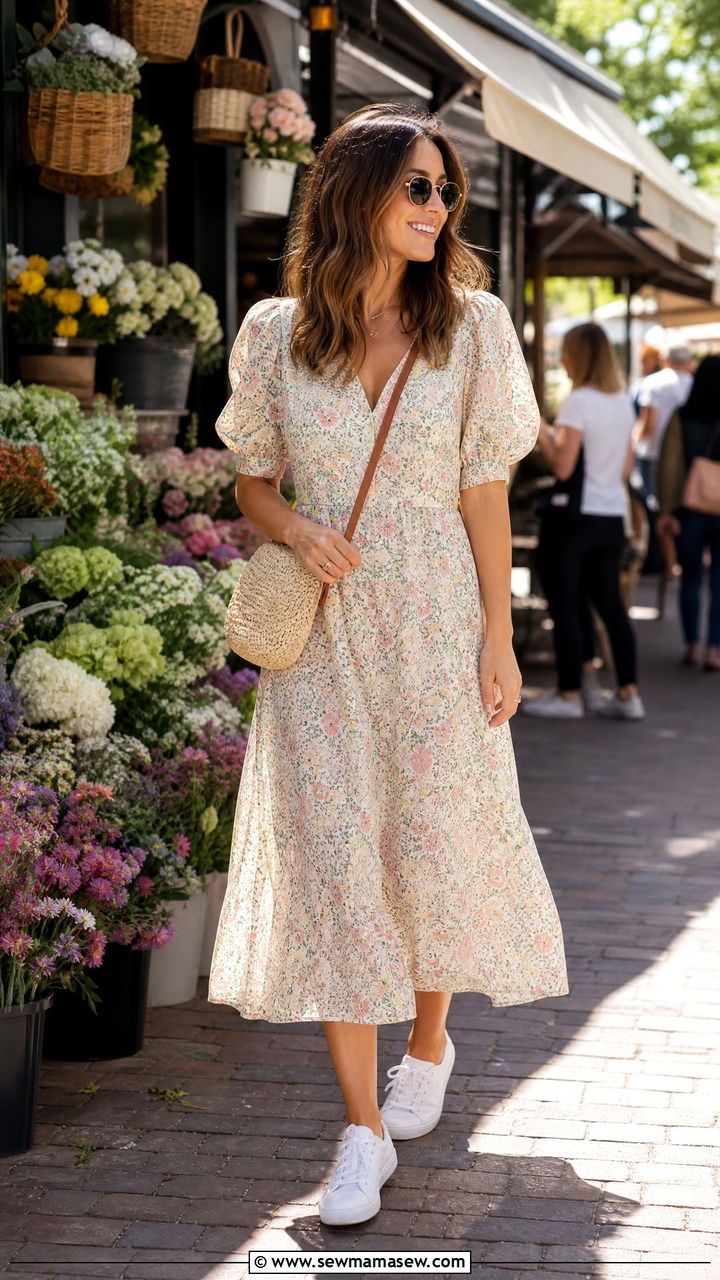 Floral midi dress with white sneakers - 30 floral outfit ideas for women
