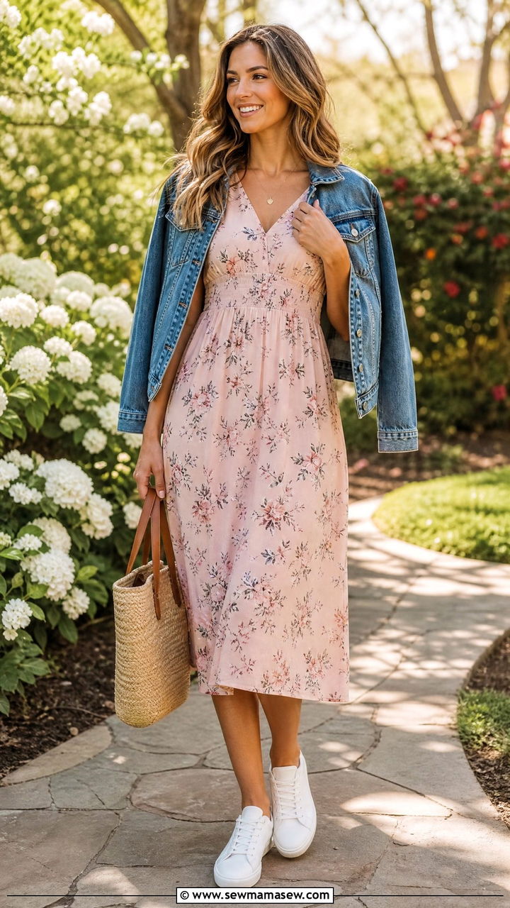 Floral midi dress with white sneakers - 30 Summer outfit ideas for nurse