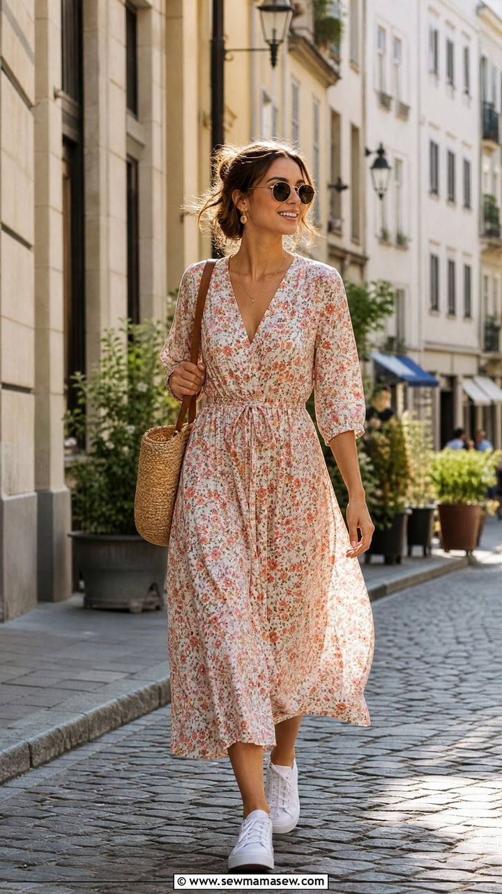Floral midi dress with white sneakers city break outfit - 30 summer city break outfit ideas