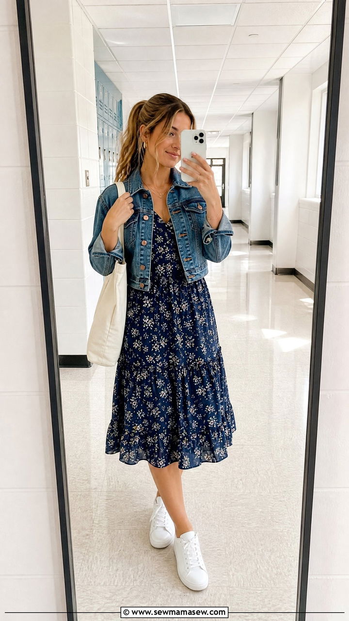 Floral midi dress with white sneakers outfit - 30 Substitute teacher outfit ideas