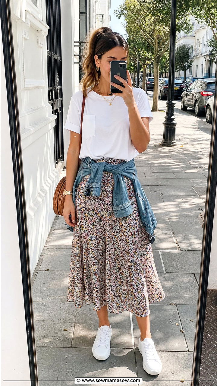 Floral midi skirt with a white tee - 30 floral outfit ideas for women