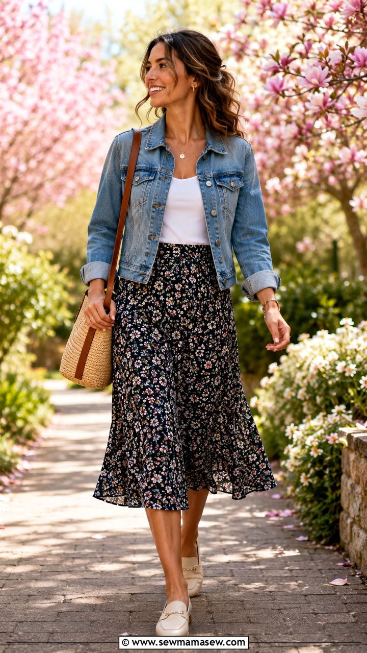 Floral midi skirt with denim jacket and neutral loafers - 30 Loafers outfit ideas with a skirt