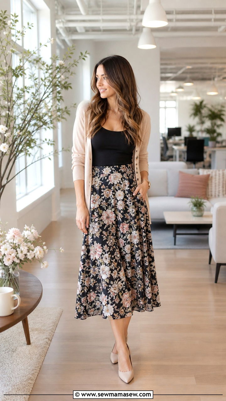 Floral midi skirt with fitted black top and beige cardigan outfit - 40 New job outfit ideas