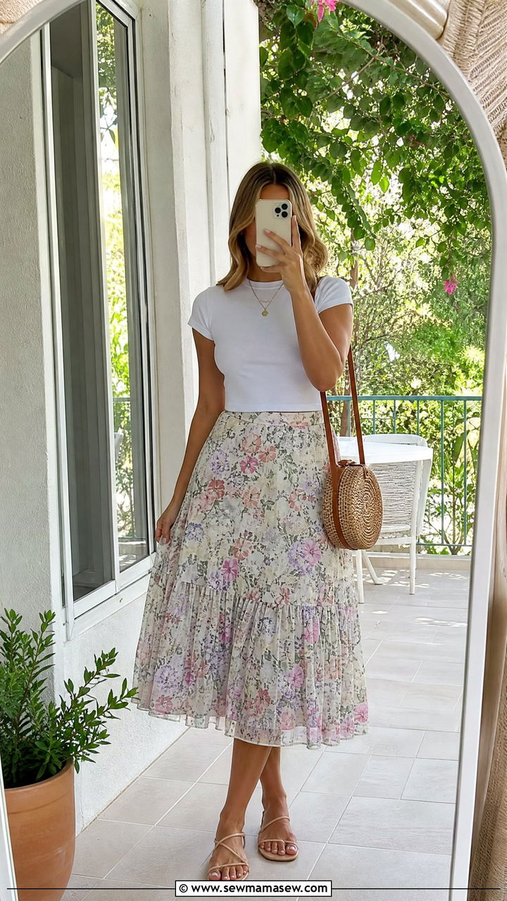 Floral midi skirt with fitted tee and strappy sandals - 25 chic midi skirt outfit ideas