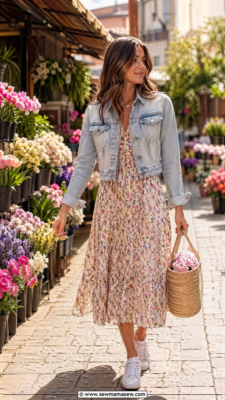 Floral midi tea dress with a cropped denim jacket European spring outfit - 35 Europe travel outfits for women