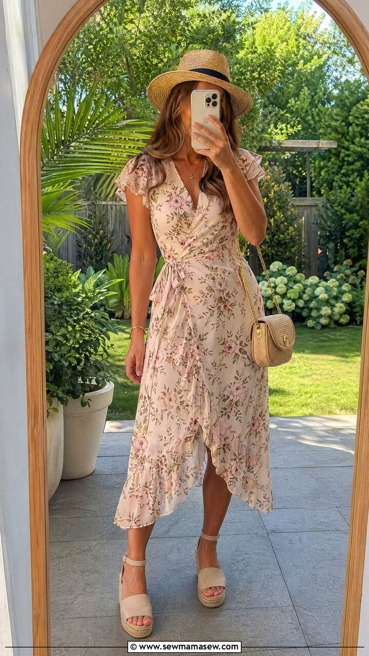 Floral midi wrap dress for summer family reunion - 35 Family reunion outfit ideas
