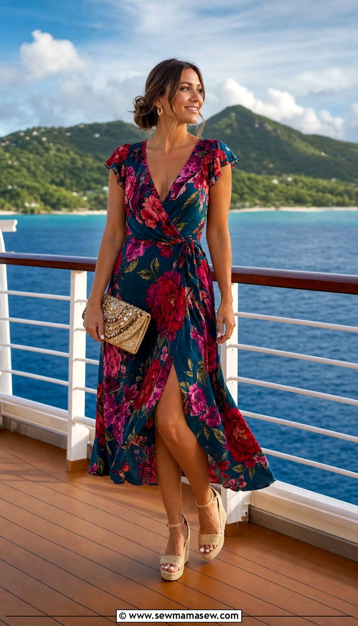 Floral midi wrap dress with heeled espadrilles - 25 Cruise formal night outfit ideas 2026