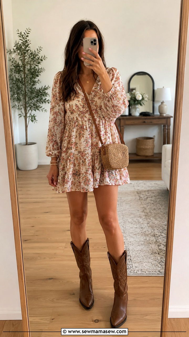 Floral mini dress with cowboy boots - 30 Mini dress outfit ideas with boots
