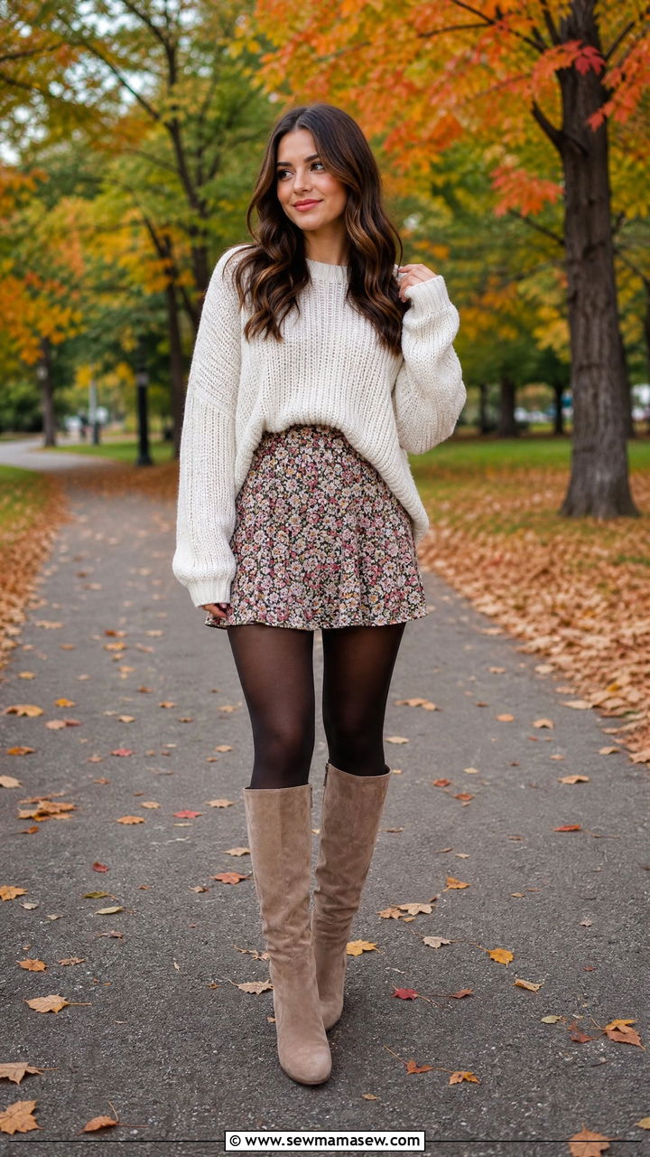 Floral mini skirt with an oversized sweater - 30 floral outfit ideas for women