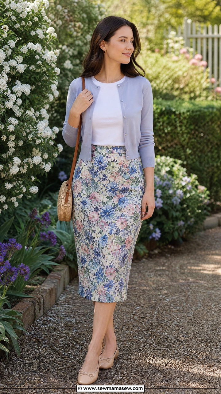 Floral pencil skirt with white tee and cropped cardigan - 25 chic pencil skirt outfit ideas
