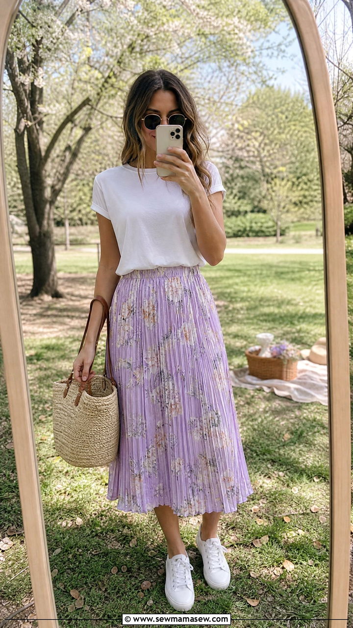 Floral pleated skirt with white tee outfit - 25 spring pleated skirt outfit ideas