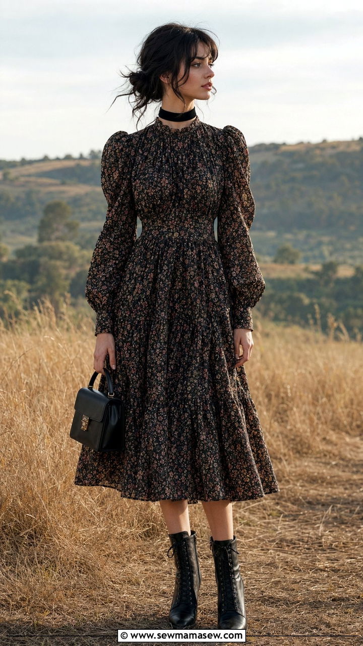 Floral prairie dress with lace up ankle boots outfit - 35 70s inspired outfits