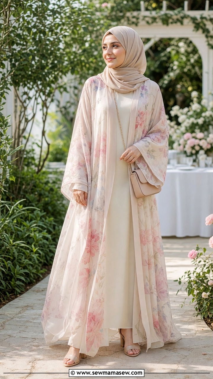 Floral print abaya with nude accessories - 25 Eid outfit ideas with abaya