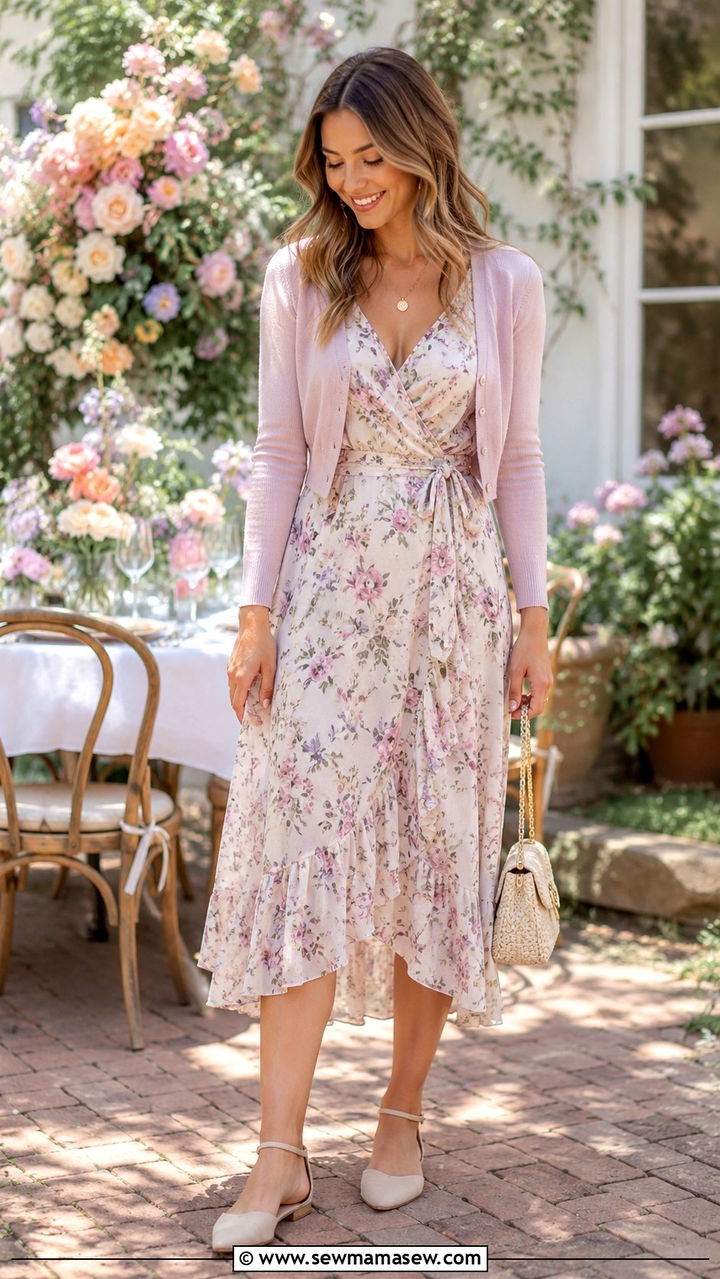 Floral print dress with cardigan outfit for 30 year old woman - 25 Outfit ideas for 30 year old woman