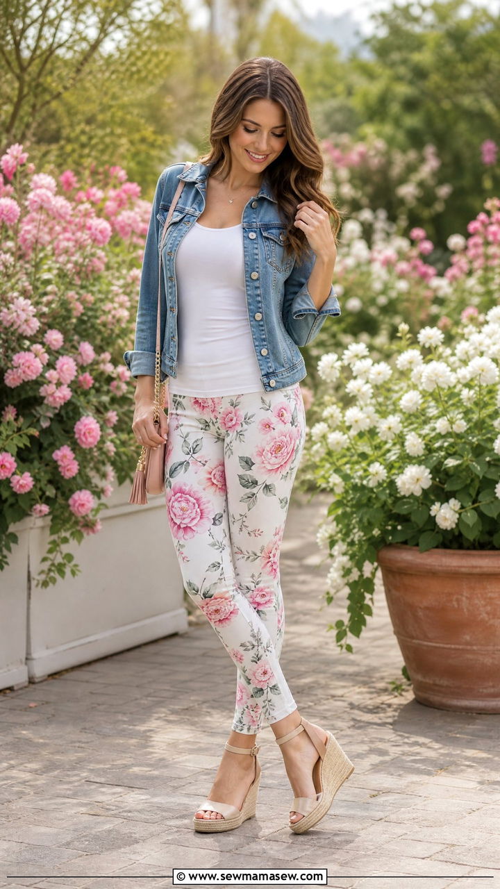 Floral print leggings with denim jacket and espadrilles - 25 Spring outfits with leggings