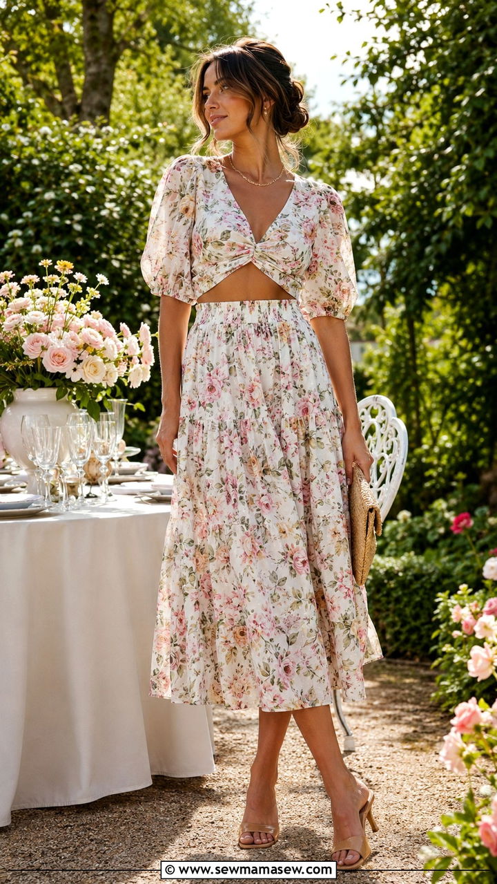 Floral print matching blouse and midi skirt set with mules - 30 Romantic summer outfit ideas