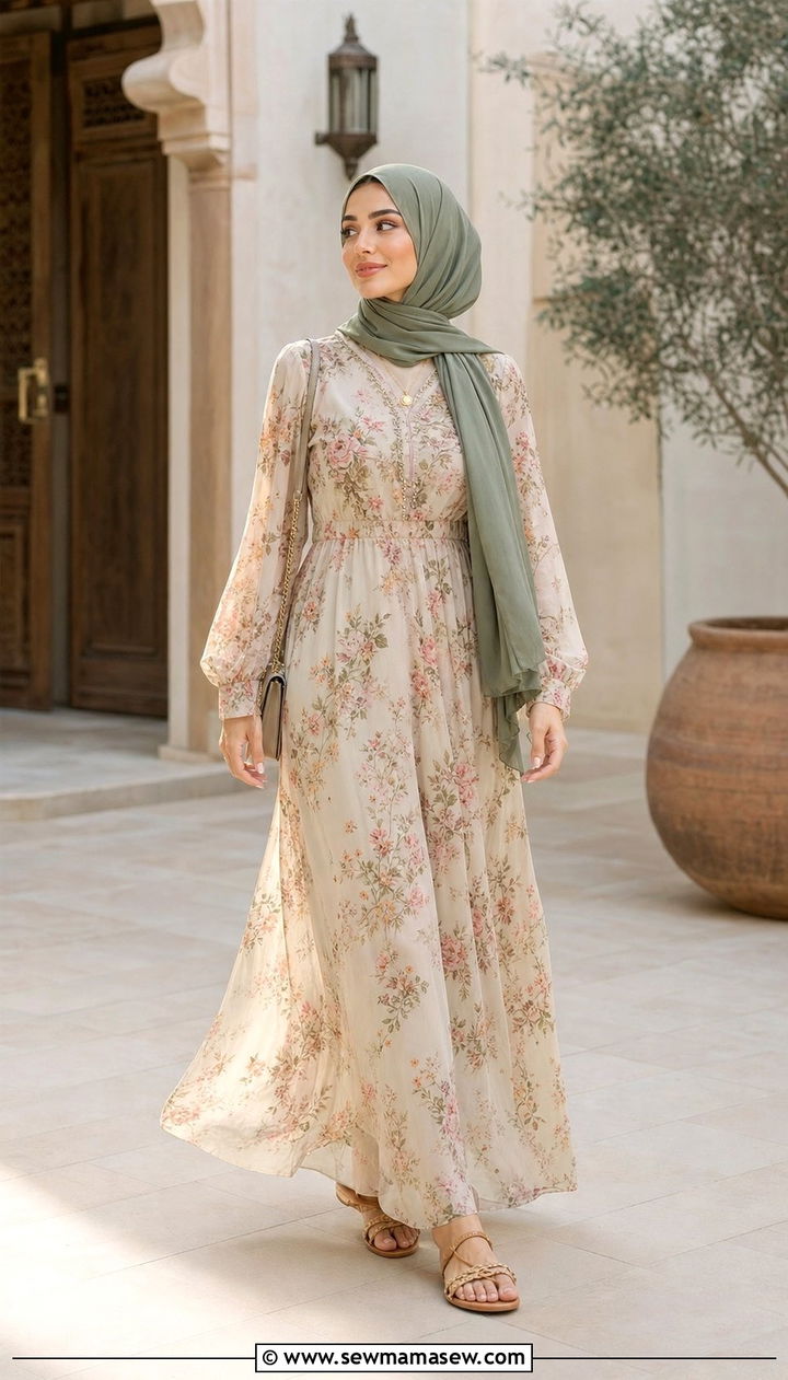 Floral print maxi dress with contrast hijab - 25 Eid al Adha outfit ideas 2026