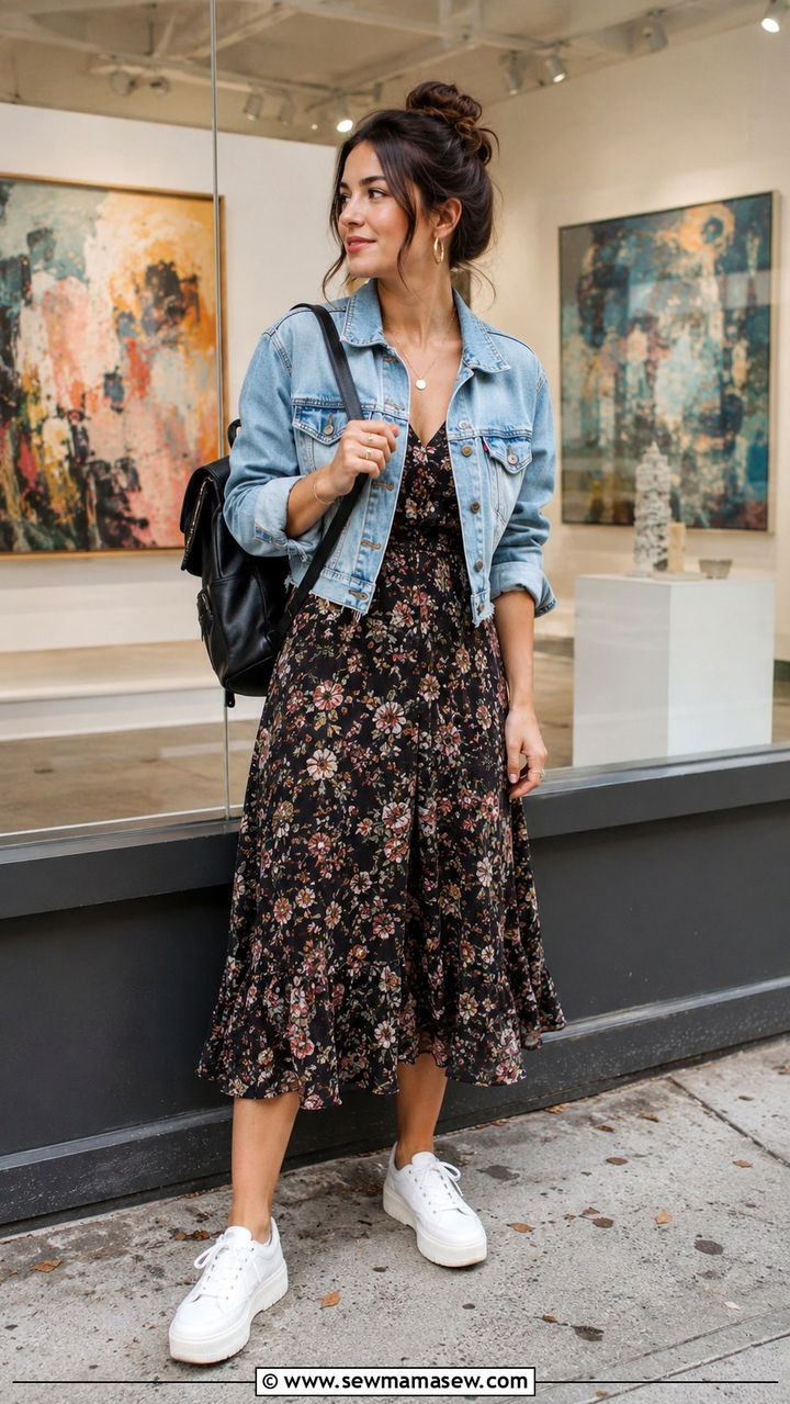 Floral print midi dress with cropped denim jacket - 20 Simple summer outfit ideas 2026