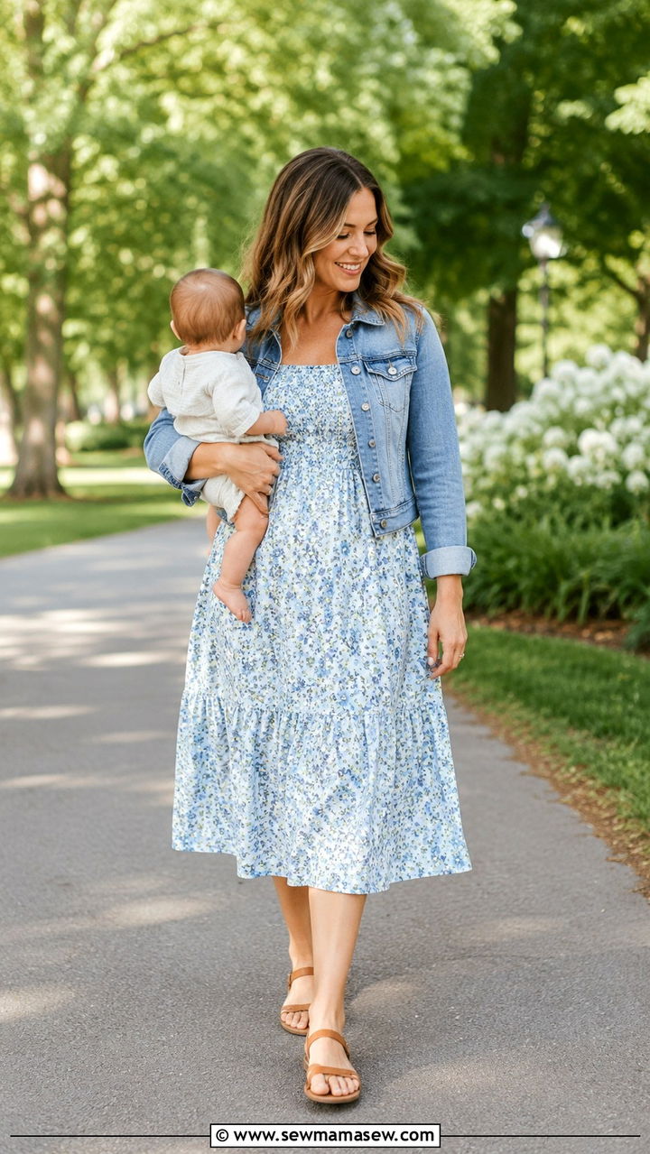 Floral print midi dress with flat tan sandals and a denim jacket - 30 Postpartum outfit ideas summer