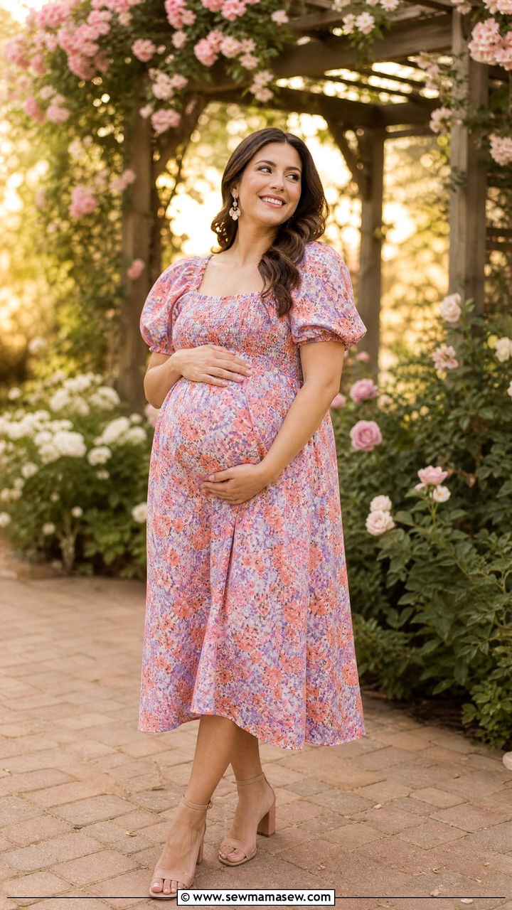 Floral print puff sleeve midi dress with block heels summer maternity shoot - 25 Maternity photo outfit ideas summer