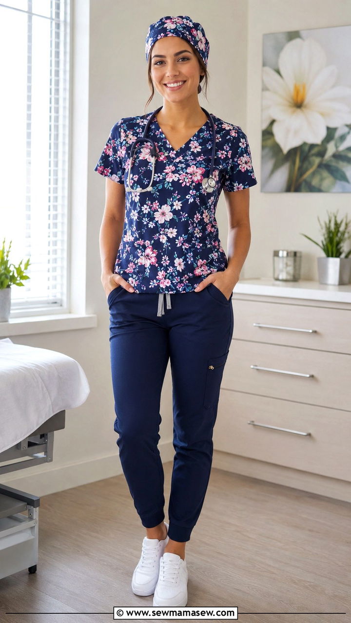 Floral print scrub top outfit - 30 Spring nurse outfits