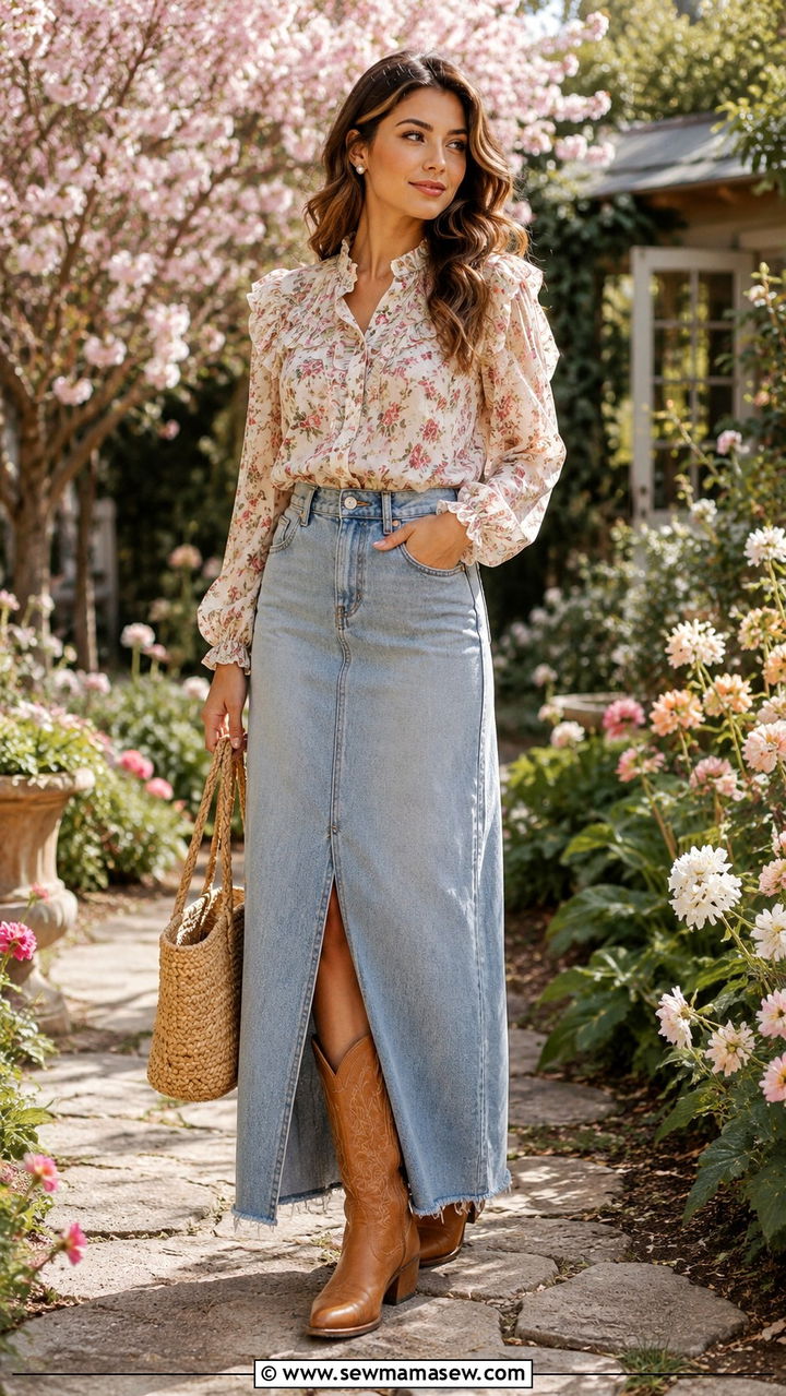 Floral print top long denim skirt with cowboy boots - 30 Long denim skirt outfit ideas with cowboy boots