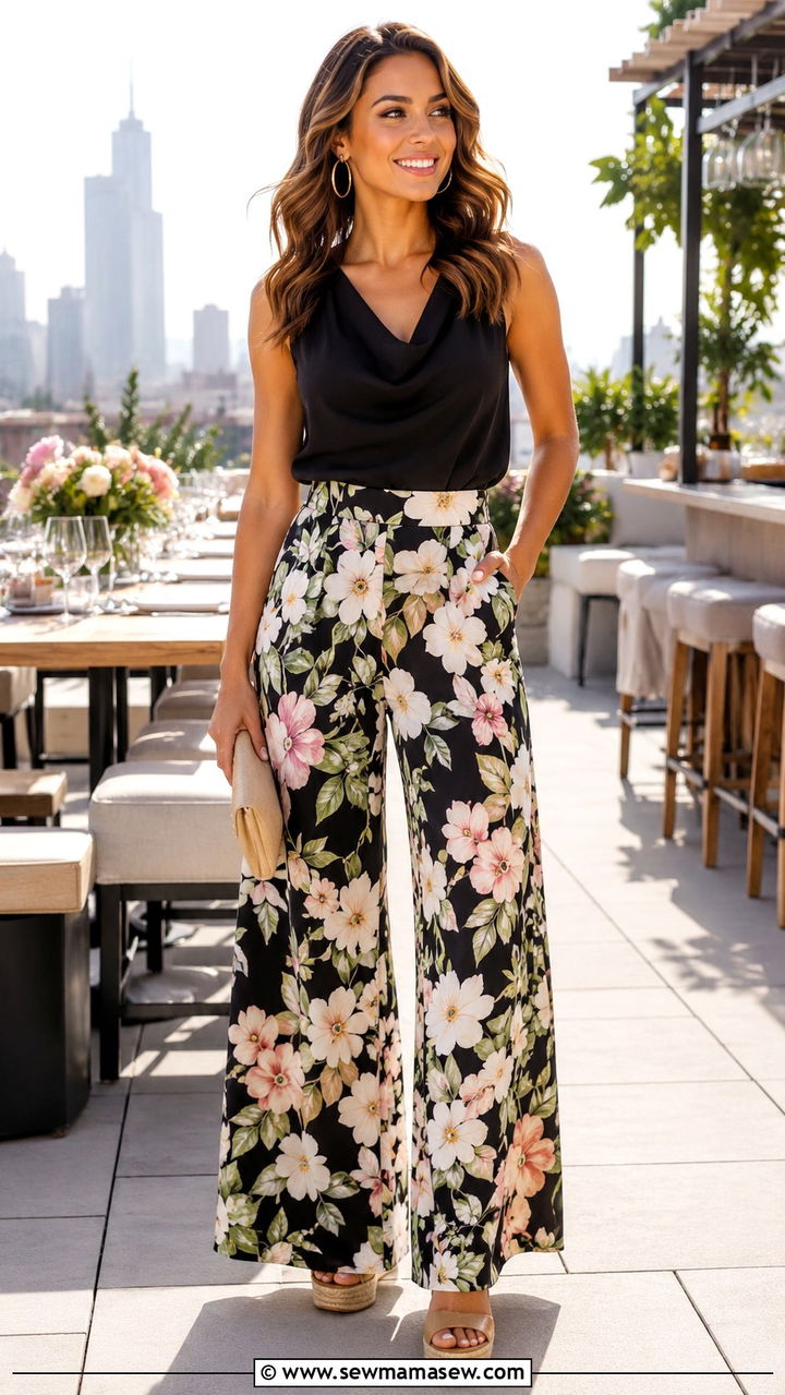 Floral print wide leg pants with solid top and wedges - 30 spring wide leg pants outfit ideas
