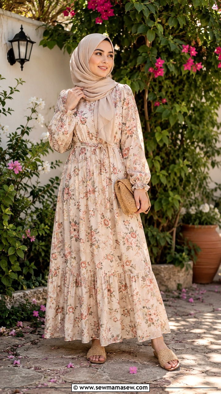 Floral printed maxi dress with woven sandals - 30 Modest outfit ideas for Eid