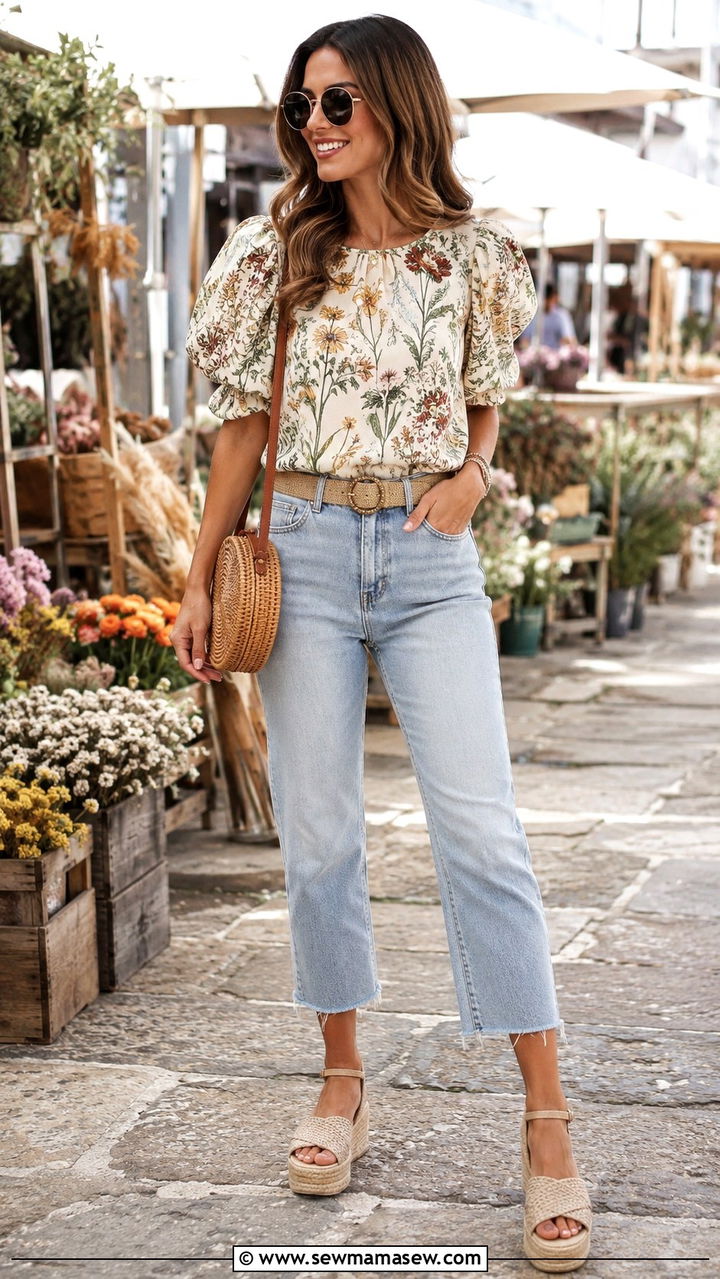 Floral puff sleeve blouse with cropped jeans - 25 Boho outfit ideas with jeans