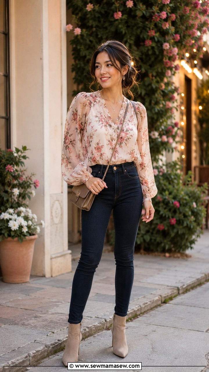Floral puff sleeve blouse with skinny jeans petite - 30 Spring outfits for short women