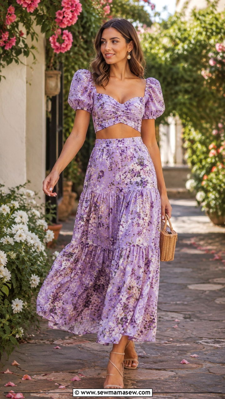 Floral puff sleeve top and maxi skirt set - 30 Top and skirt matching set outfit ideas