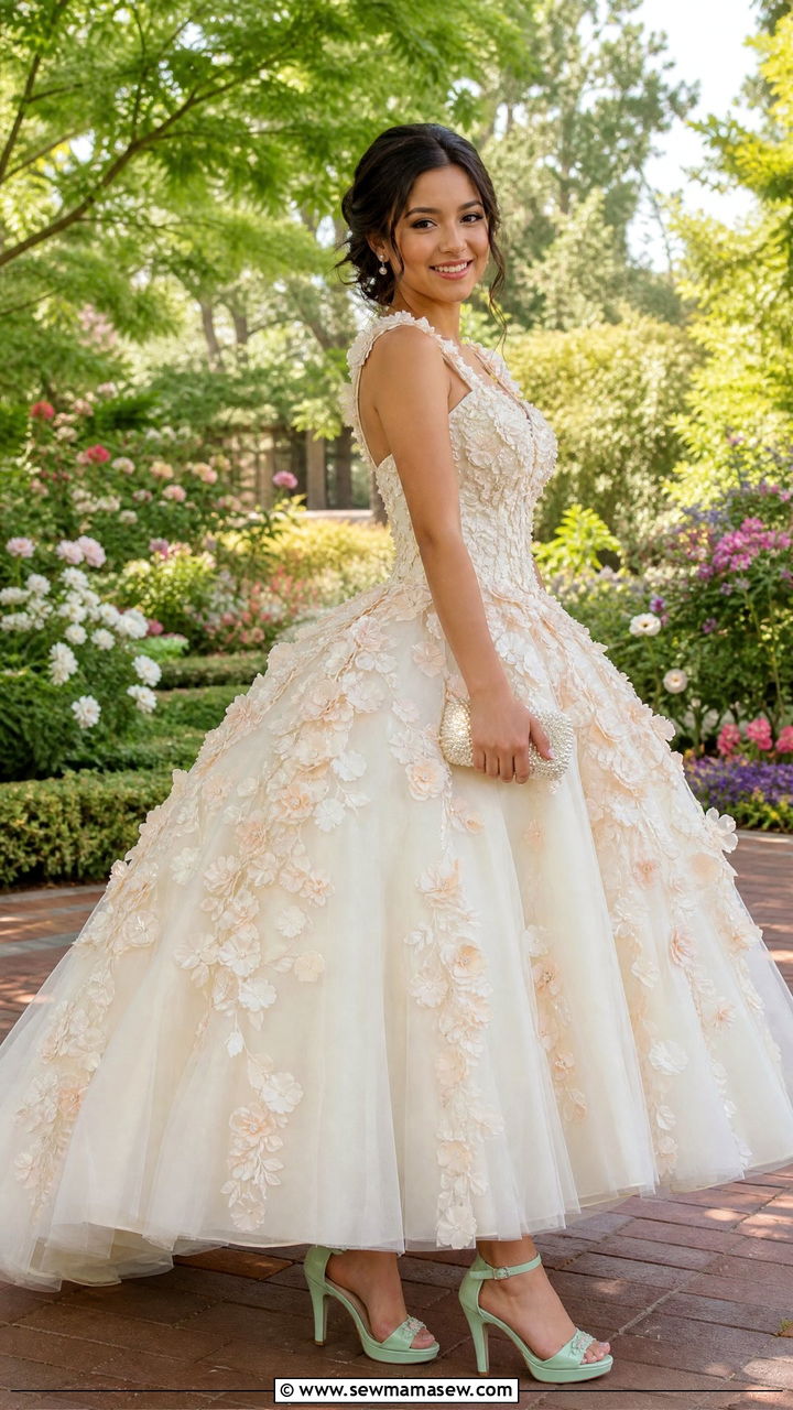 Floral quinceanera ball gown with pastel heels - 25 Quinceanera outfit ideas
