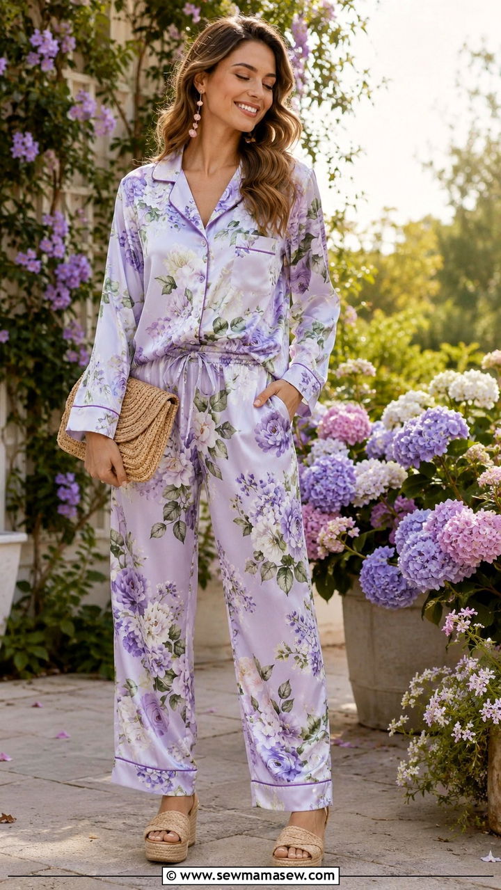 Floral satin pajama set with wedge sandals - 25 Satin pajama set outfit ideas